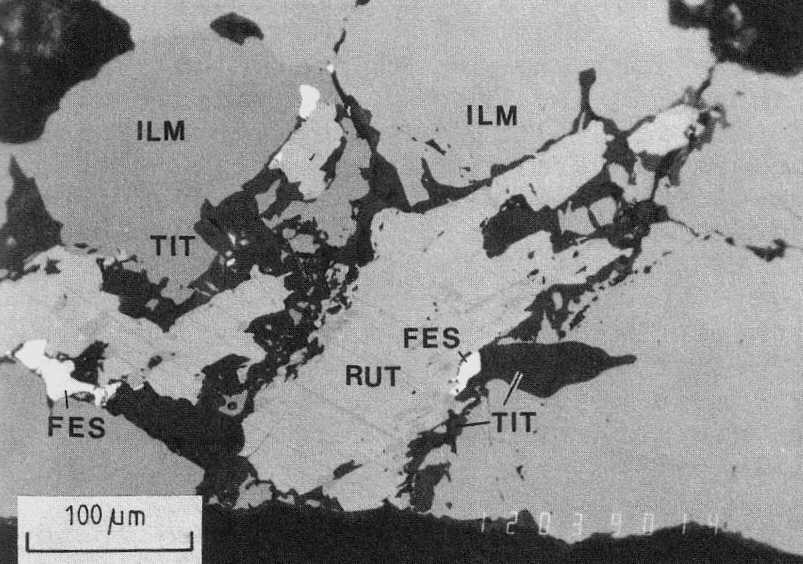 Relic rutile  with twin lamellae replaced by medium-grey ilmenite