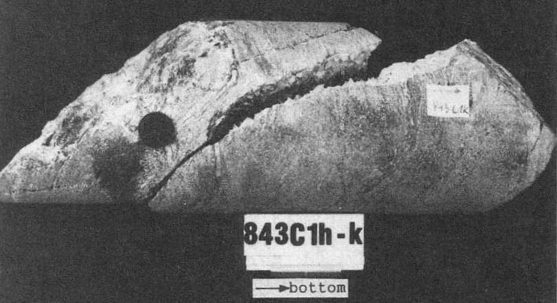 Open fissure within sillimanite-biotite gneiss, mineralized with calcite crystals