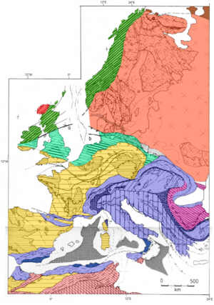 Kleine Karte der Gebirgsbildungen in Europa